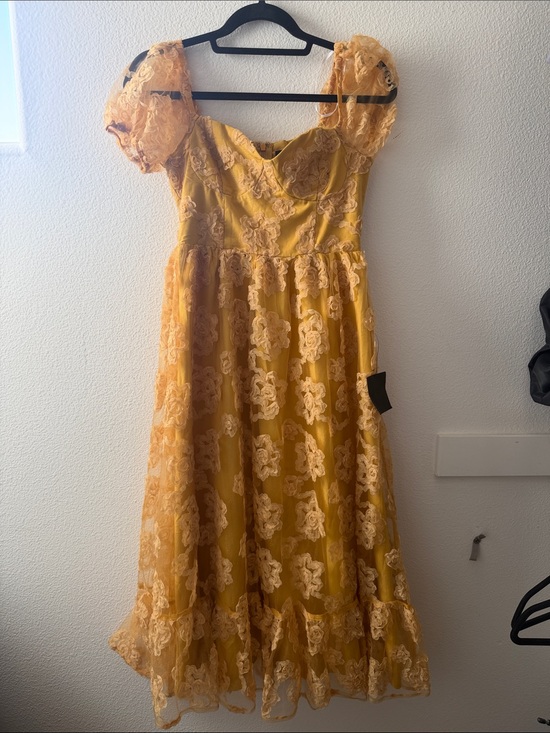 Lulus Dresses & Skirts - Lulu's Yellow Floral Lace Midi Dress with Puff Sleeves